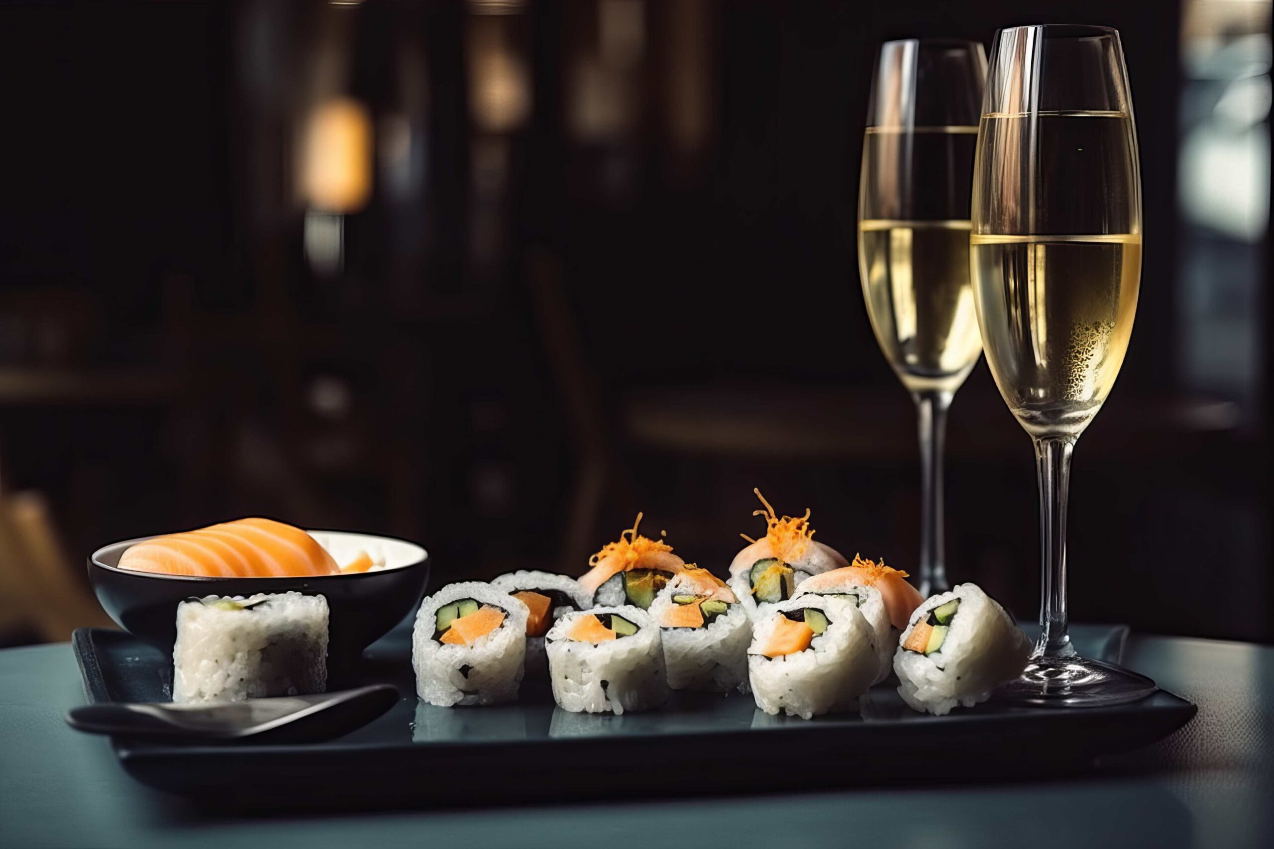 sushi-rolls-glass-white-sparkling-wine-dinner-japanese-restaurant-sushi-meal