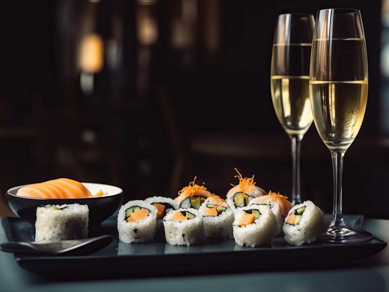 sushi-rolls-glass-white-sparkling-wine-dinner-japanese-restaurant-sushi-meal
