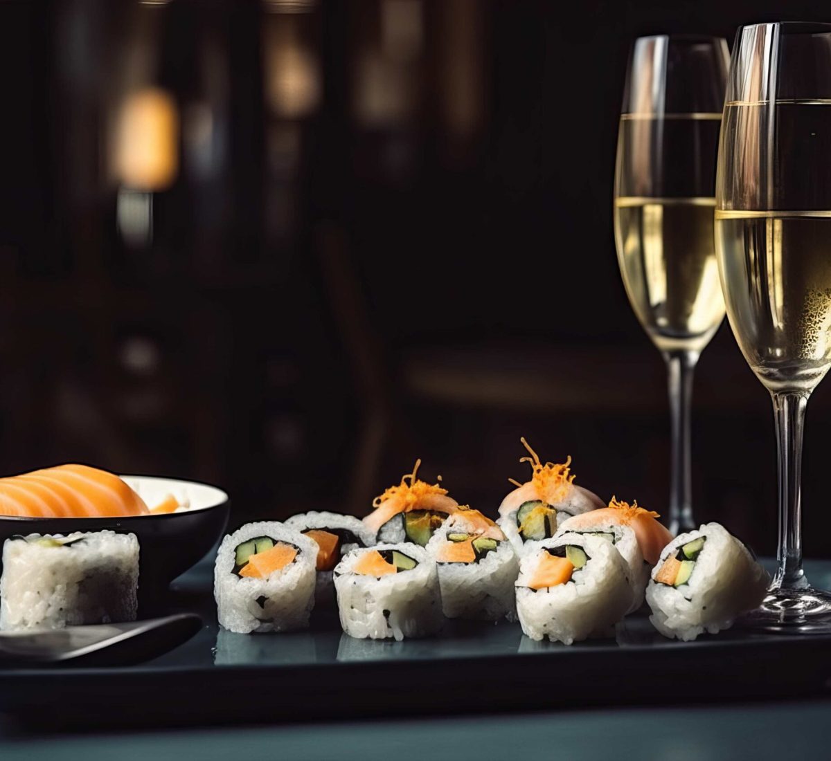 sushi-rolls-glass-white-sparkling-wine-dinner-japanese-restaurant-sushi-meal